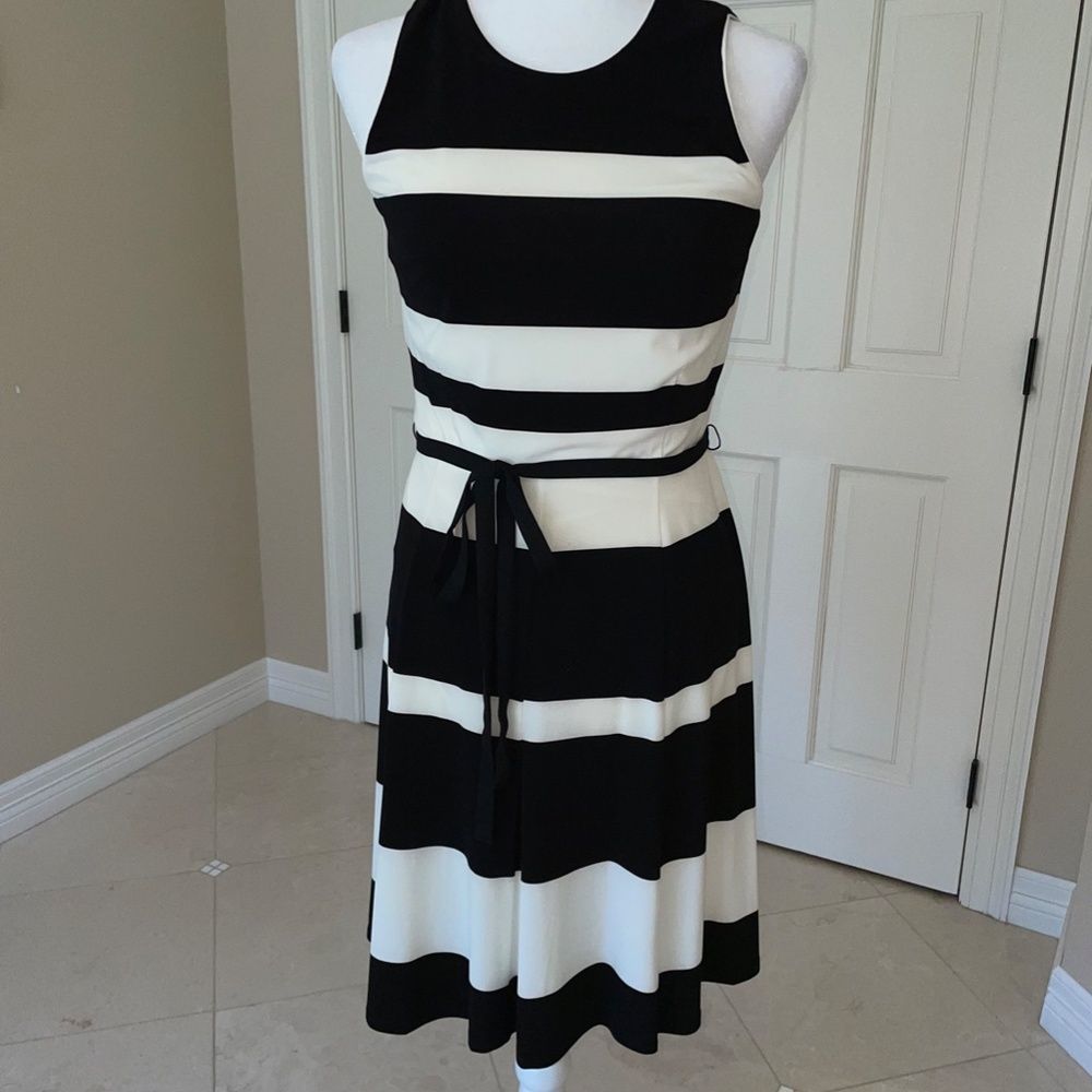 Ralph Lauren Black White Stripe Sleeveless Fit and Flare Dress Size 6P